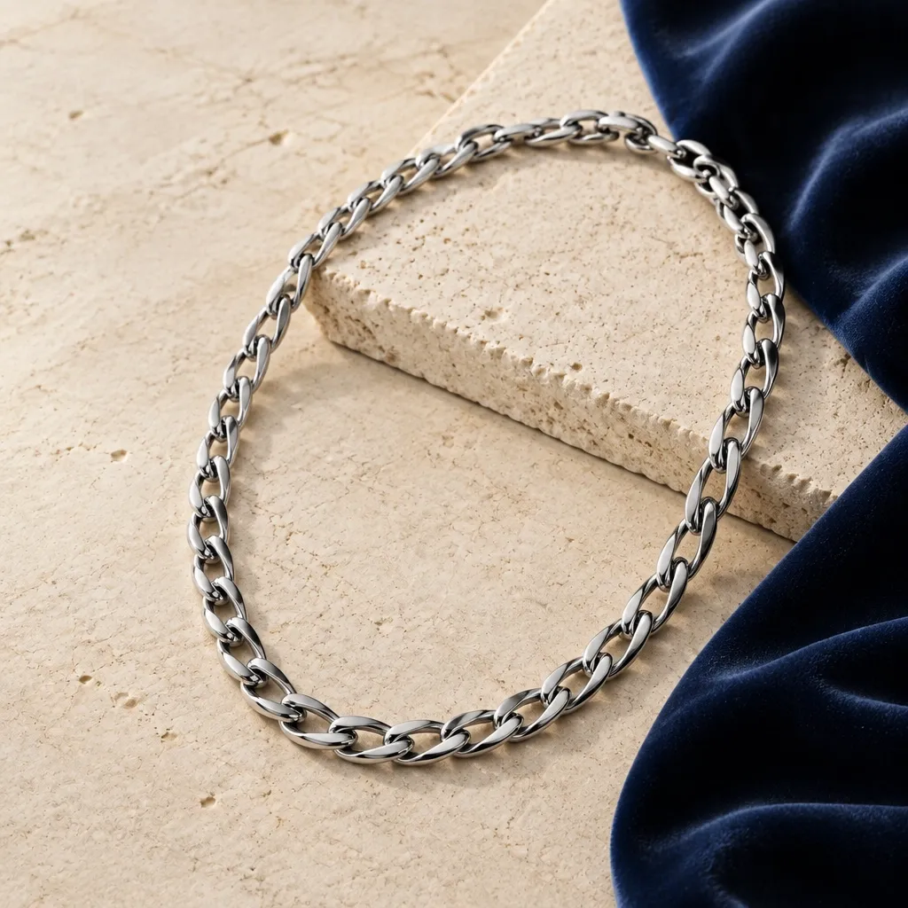 Silver-tone stainless steel chain necklace on pale stone