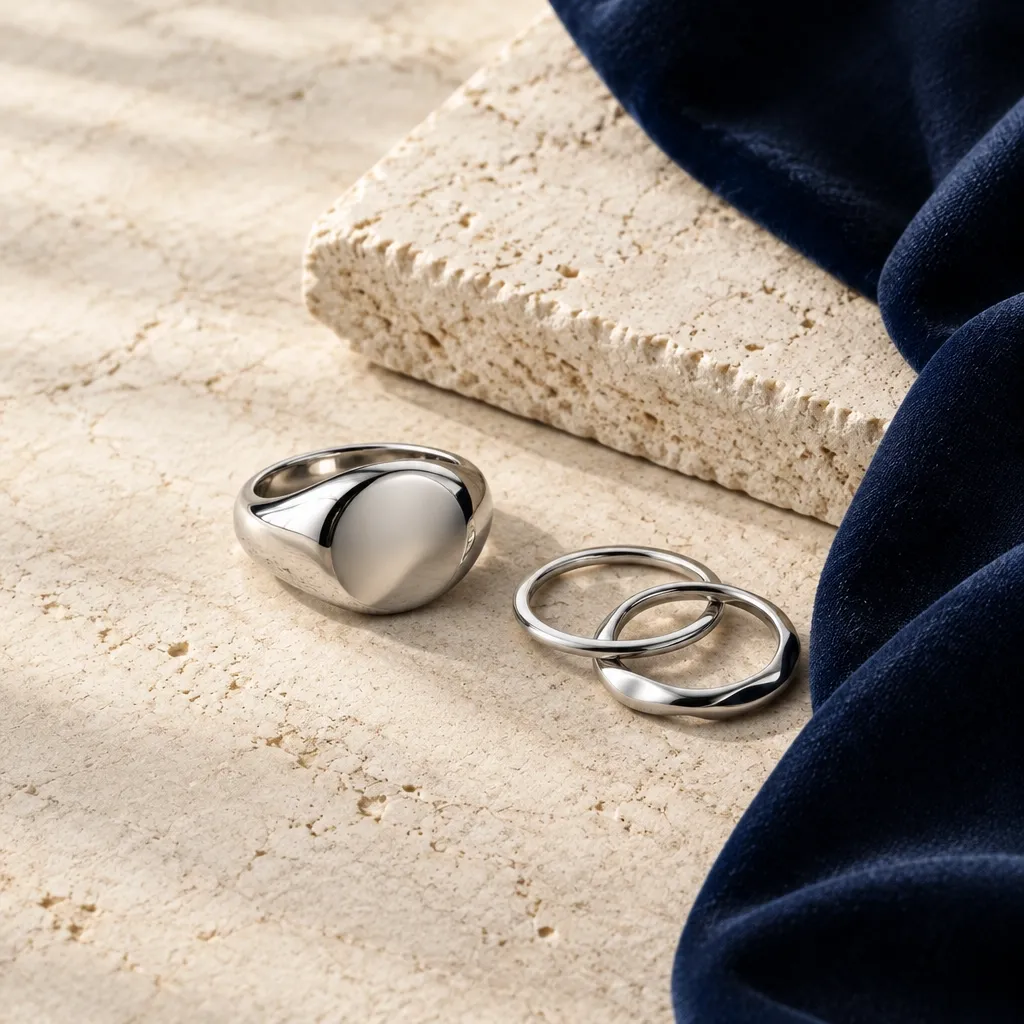 Polished silver stainless steel rings on pale stone