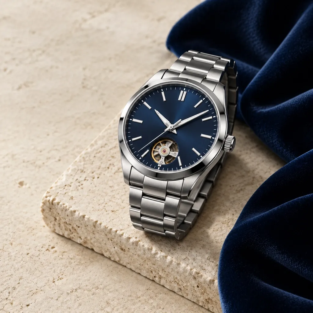 Silver stainless steel mechanical watch with navy dial